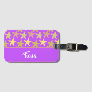 Colourful starfish on purple luggage tag