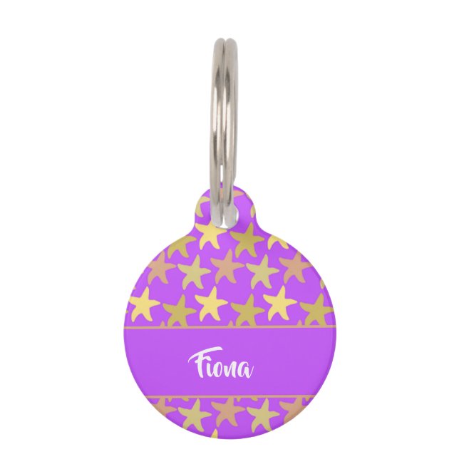 Colourful starfish on purple pet tag (Front)