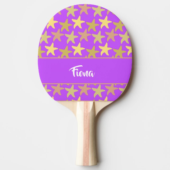 Colourful starfish on purple ping pong paddle (Front)