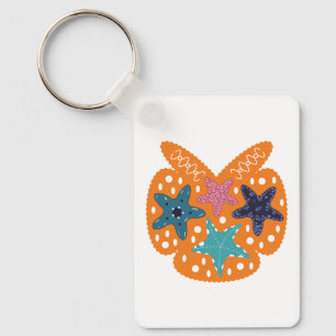  Colourful Starfishes with orange colour backgroun Key Ring
