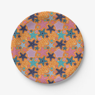 Colourful Starfishes with orange colour background Paper Plate