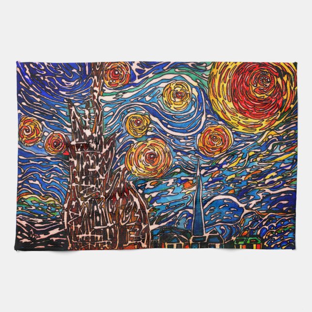 Colourful Starry Night Illustration Kitchen Towel (Horizontal)