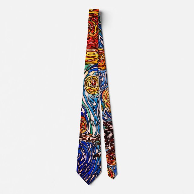 Colourful Starry Night Illustration Neck Tie (Front)