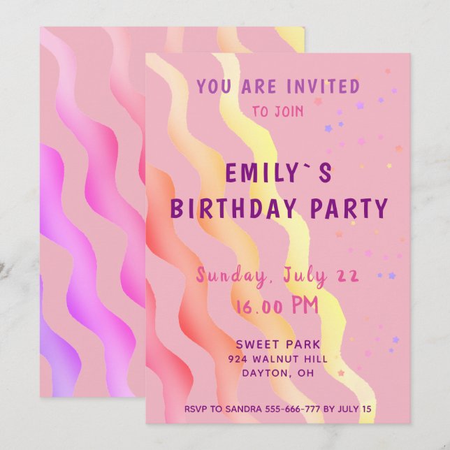 Colourful Stars and Waves Girl Pink Birthday Party Invitation (Front/Back)