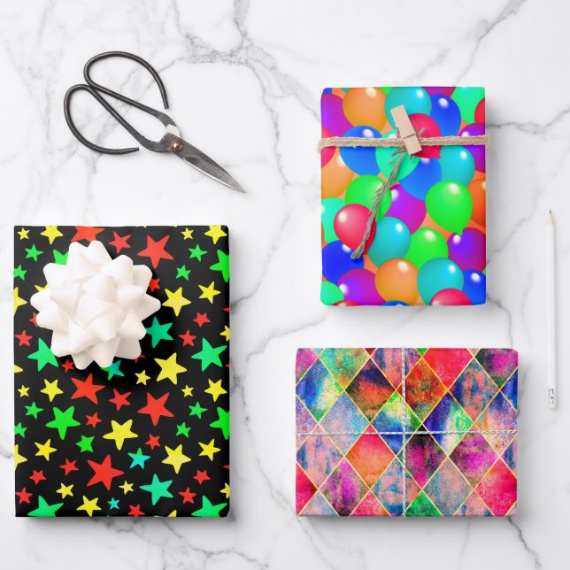Colourful Stars Balloons Argyle Happy Joyful Fun Wrapping Paper Sheet (Front)