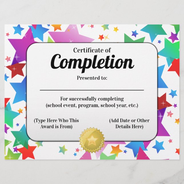 Colourful Stars Certificate of Completion 8.5x11 (Front)