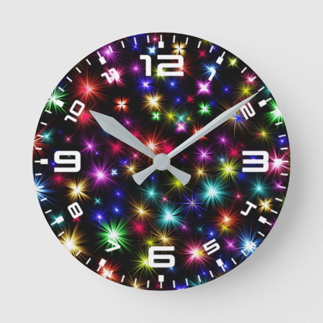 Colourful Stars Fireworks Design Round Clock (Front)