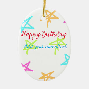 Colourful stars happy birthday add name text simpl ceramic tree decoration