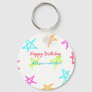 Colourful stars happy birthday add name text simpl key ring