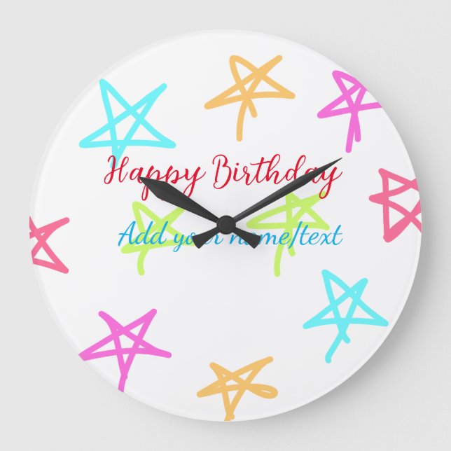 Colourful stars happy birthday add name text simpl large clock (Front)
