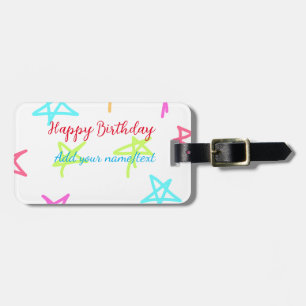 Colourful stars happy birthday add name text simpl luggage tag