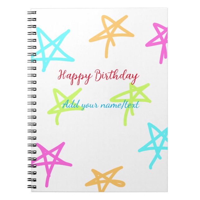 Colourful stars happy birthday add name text simpl notebook (Front)