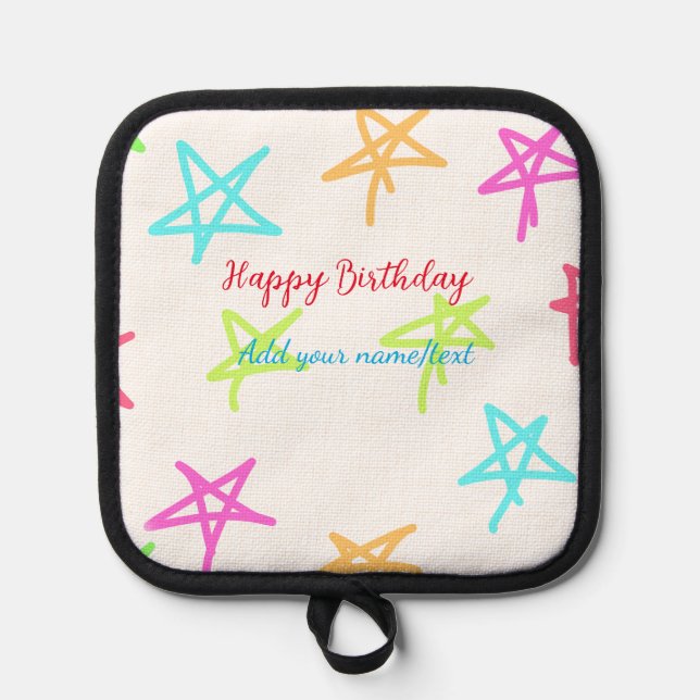 Colourful stars happy birthday add name text simpl pot holder (Front)