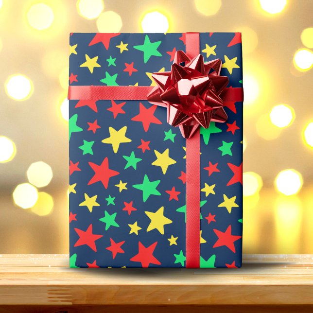 Colourful Stars on Navy Blue Background Wrapping Paper (Creator Uploaded)