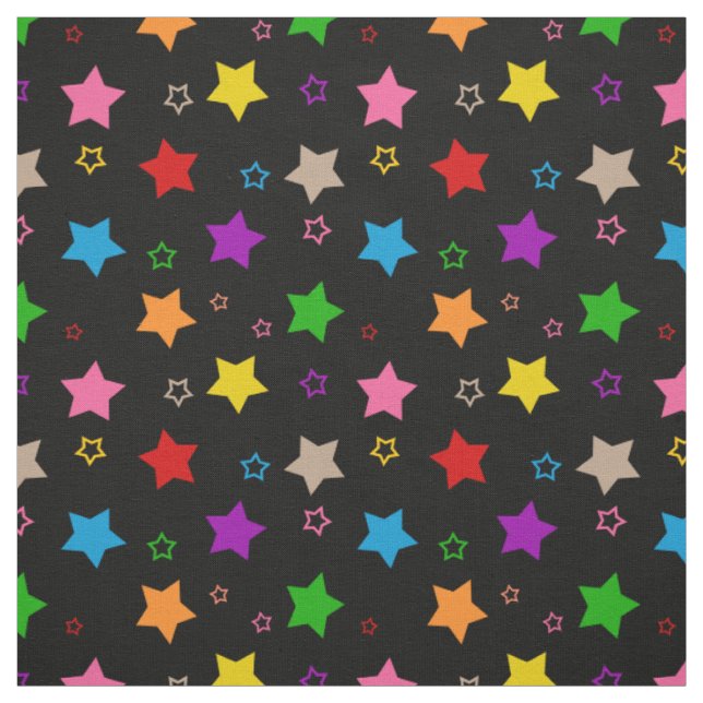 Colourful Stars Pattern Design Black  Fabric (Swatch)