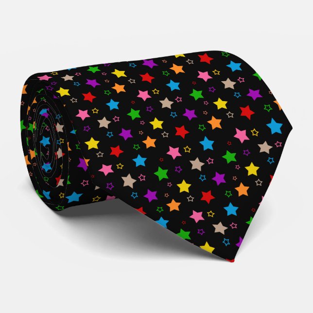 Colourful Stars Pattern Design Black  Tie (Rolled)
