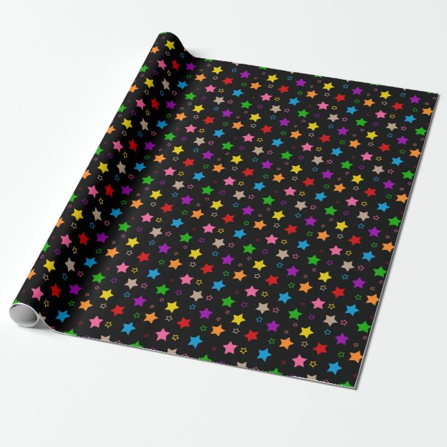 Colourful Stars Pattern Design Black  Wrapping Paper (Unrolled)
