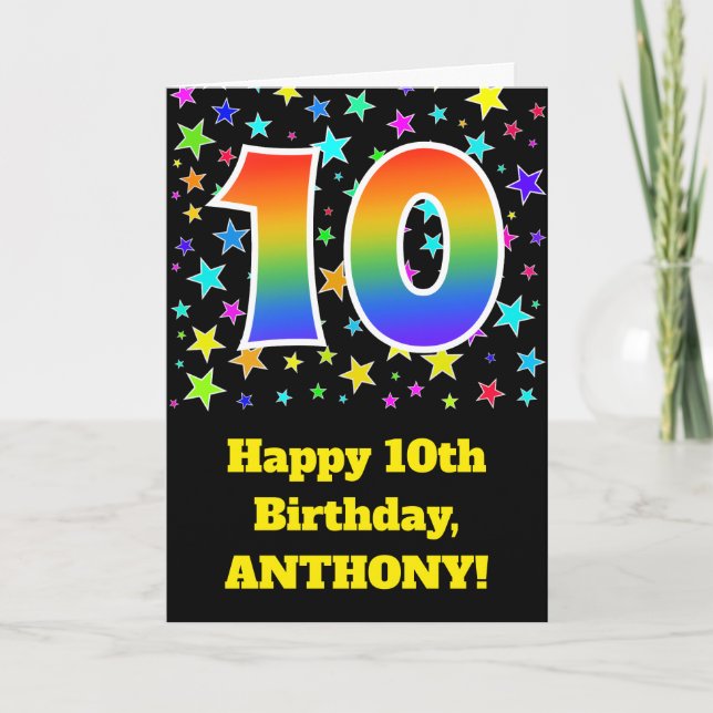 Colourful Stars + Rainbow Pattern "10" Birthday # Card (Front)