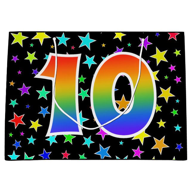 Colourful Stars + Rainbow Pattern "10" Event # Large Gift Bag (Front)