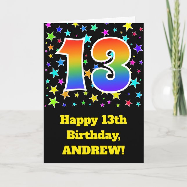 Colourful Stars + Rainbow Pattern "13" Birthday # Card (Front)