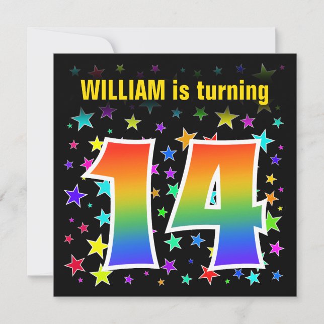 Colourful Stars + Rainbow Pattern "14" Birthday # Invitation (Front)