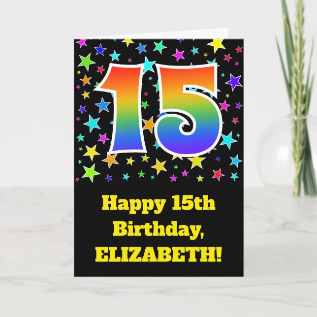 Colourful Stars + Rainbow Pattern "15" Birthday # Card (Front)