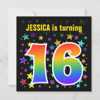 Colourful Stars + Rainbow Pattern "16" Birthday #