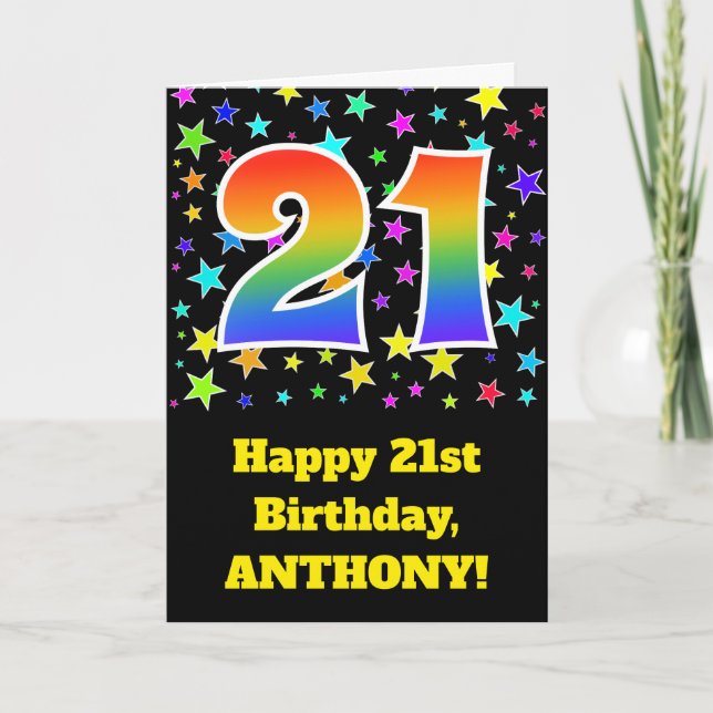 Colourful Stars + Rainbow Pattern "21" Birthday # Card (Front)