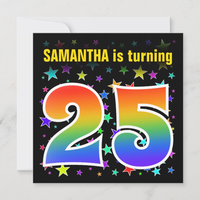 Colourful Stars + Rainbow Pattern "25" Birthday # Invitation (Front)