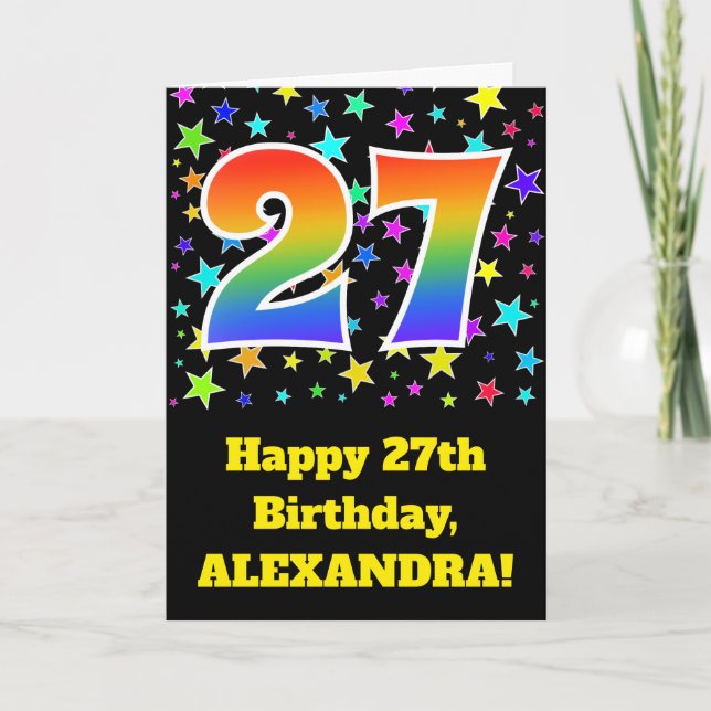 Colourful Stars + Rainbow Pattern "27" Birthday # Card (Front)