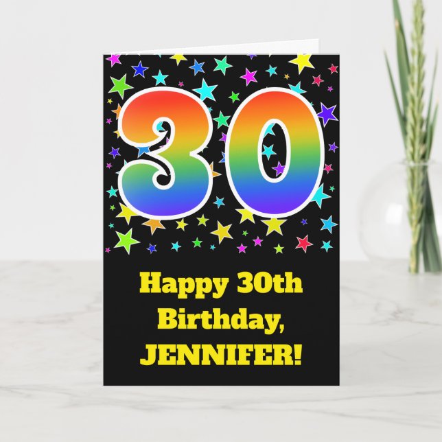 Colourful Stars + Rainbow Pattern "30" Birthday # Card (Front)