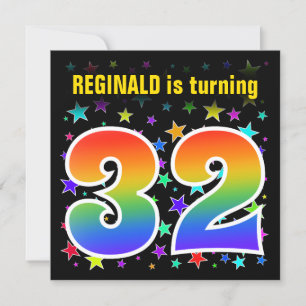 Colourful Stars + Rainbow Pattern "32" Birthday # Invitation