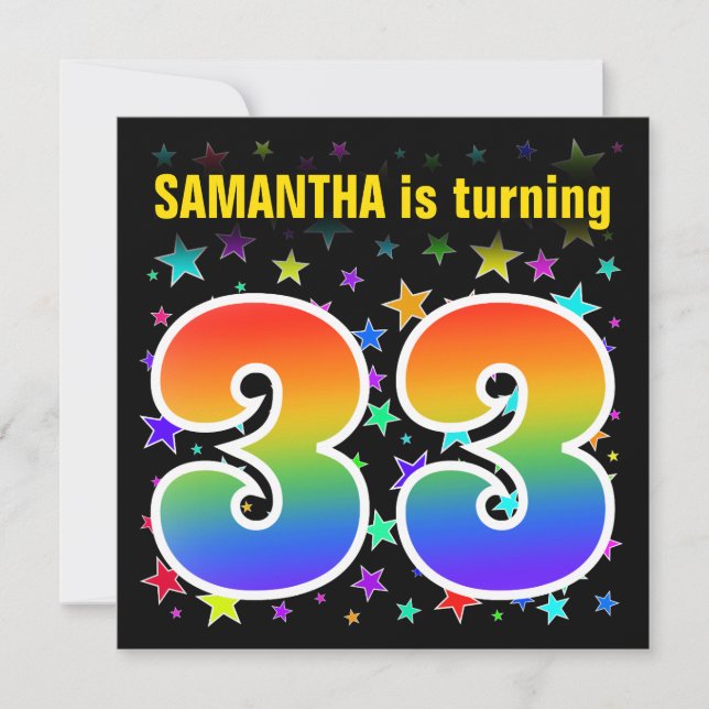 Colourful Stars + Rainbow Pattern "33" Birthday # Invitation (Front)