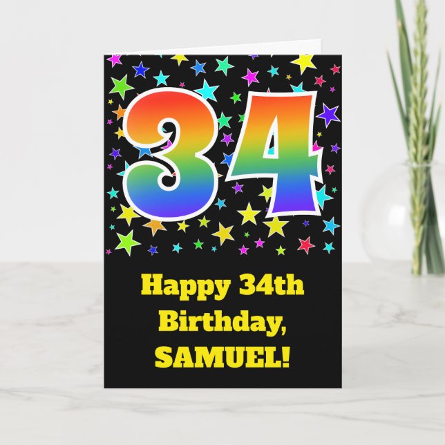 Colourful Stars + Rainbow Pattern "34" Birthday # Card (Front)