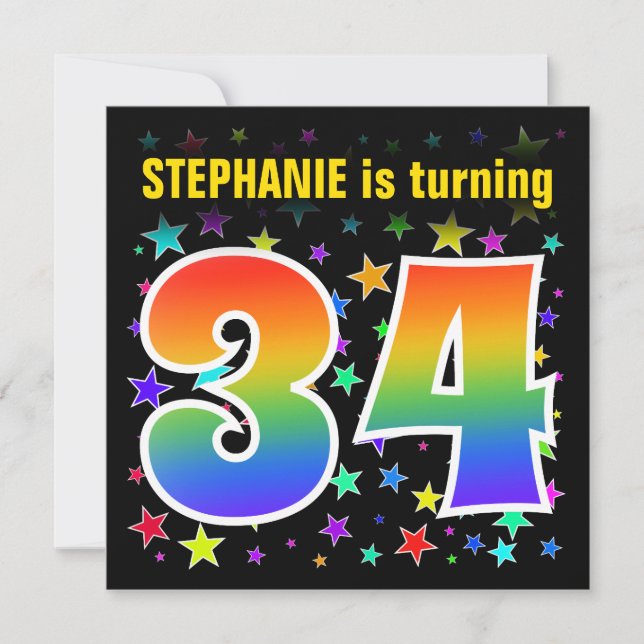 Colourful Stars + Rainbow Pattern "34" Birthday # Invitation (Front)