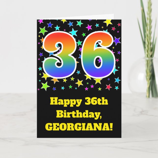 Colourful Stars + Rainbow Pattern "36" Birthday # Card (Front)