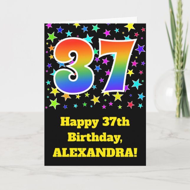 Colourful Stars + Rainbow Pattern "37" Birthday # Card (Front)