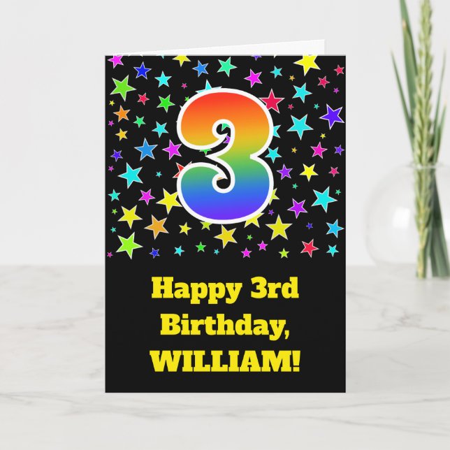 Colourful Stars + Rainbow Pattern "3" Birthday # Card (Front)
