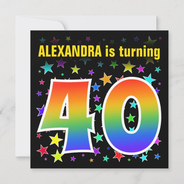 Colourful Stars + Rainbow Pattern "40" Birthday # Invitation (Front)