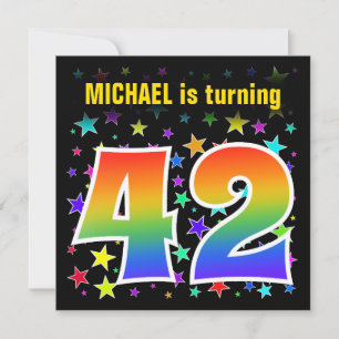 Colourful Stars + Rainbow Pattern "42" Birthday # Invitation