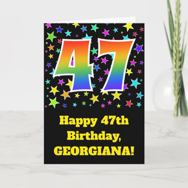 Colourful Stars + Rainbow Pattern "47" Birthday # Card (Front)