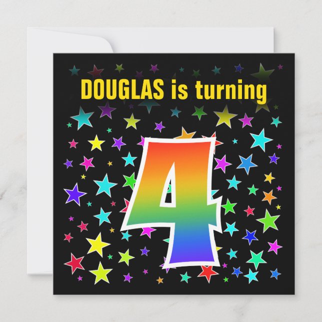 Colourful Stars + Rainbow Pattern "4" Birthday # Invitation (Front)