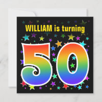 Colourful Stars + Rainbow Pattern "50" Birthday #