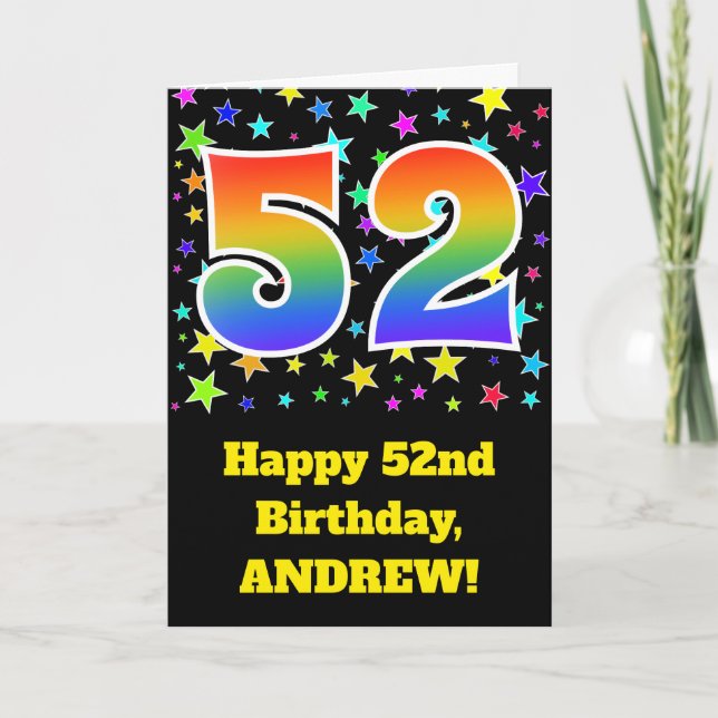 Colourful Stars + Rainbow Pattern "52" Birthday # Card (Front)