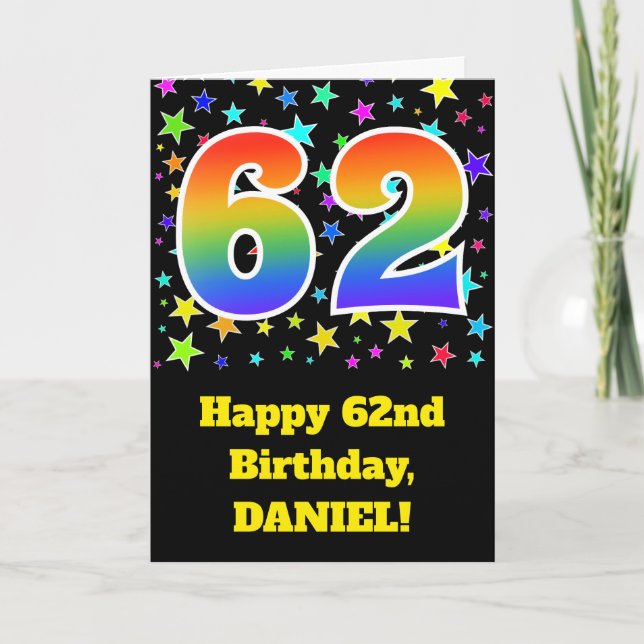 Colourful Stars + Rainbow Pattern "62" Birthday # Card (Front)
