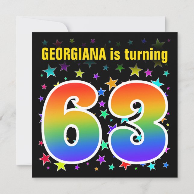 Colourful Stars + Rainbow Pattern "63" Birthday # Invitation (Front)