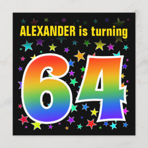Colourful Stars + Rainbow Pattern "64" Birthday # Invitation
