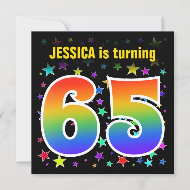 Colourful Stars + Rainbow Pattern "65" Birthday # Invitation (Front)