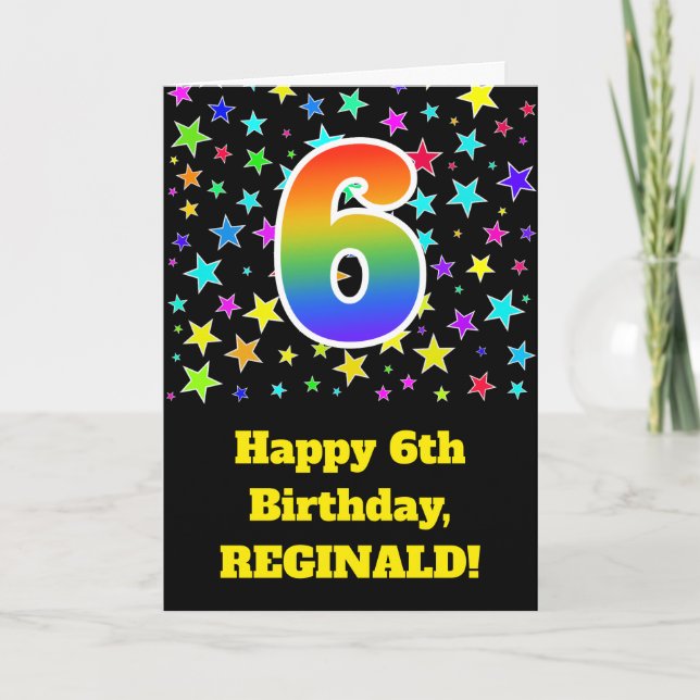 Colourful Stars + Rainbow Pattern "6" Birthday # Card (Front)