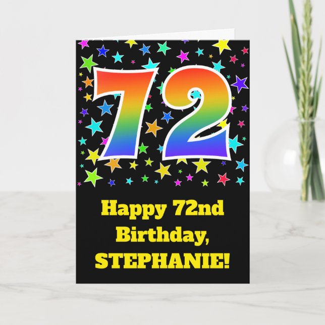 Colourful Stars + Rainbow Pattern "72" Birthday # Card (Front)